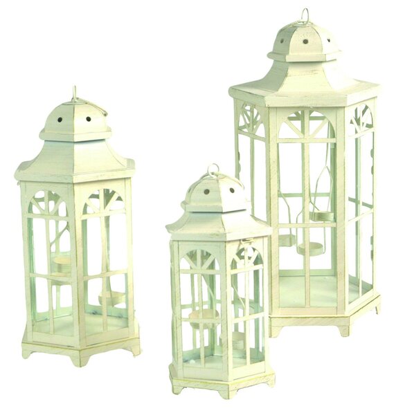 Set 3 Lanterne da Giardino in Metallo 24x20,5H50cm Esagono Crema