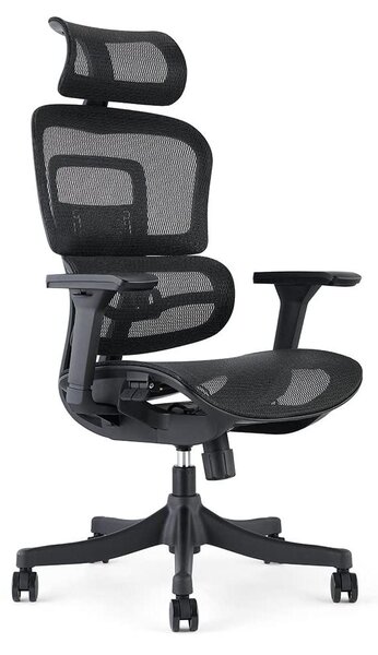 Sedia da ufficio ergonomica, realizzata in tessuto a rete, con braccioli 3D, poggiatesta, colore nero