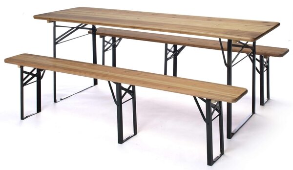Set Birreria da Giardino Pieghevole in Ferro Tavolo 220x80 cm e 2 Panche Taddei Plastik Wood Naturale