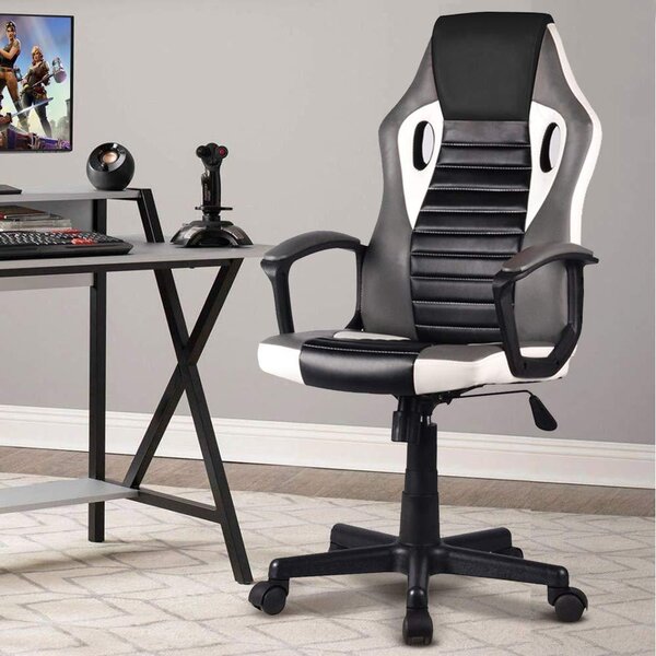 Sedia da gaming ergonomica, in ecopelle, regolabile in altezza, girevole, colore grigio
