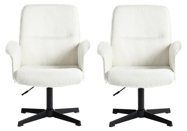 Set di 2 sedie da ufficio, girevoli, regolabili in altezza, rivestite in tessuto bouclé, colore bianco