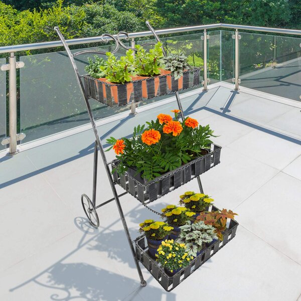 Portapiante Fioriera da Giardino a 3 Livelli con Ruote Argento 53x39x79 cm