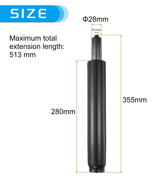Ammortizzatore a gas per sedia da ufficio, lunghezza da 280 a 513 mm, portata fino a 220 kg, classe 4, colore nero