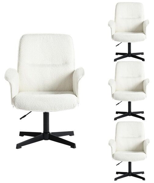 Set di 4 sedie da ufficio, girevoli, regolabili in altezza, rivestite in tessuto bouclé, colore bianco