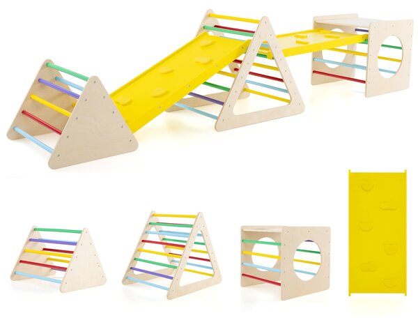 COSTWAY 5-in-1 parco di arrampicata per bambini, triangolo di arrampicata Montessori e cubo con scivolo, set di giochi di arrampicata in legno con una capacità di carico di 60 kg per pezzo, ideale per bambini a partire da 1 anno di età
