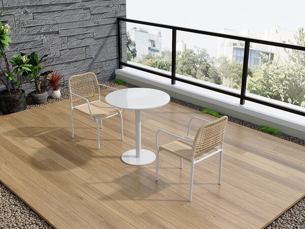 Sala da pranzo da giardino in metallo e resina intrecciata: un tavolo D.60 cm e 2 poltrone impilabili - Beige - NIOU di MYLIA