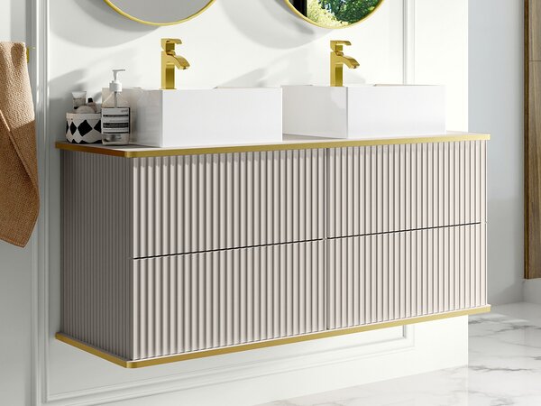 Mobile bagno sospeso con scanalature con profilo dorato con doppio lavabo da appoggio quadrato Beige 120 cm - KELIZA
