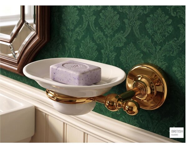 Portasapone sospeso Oro BRITISH Dimensioni 16x12,5xh6 cm Stile Inglese Classico primo Novecento con contenitore in ceramica bianca