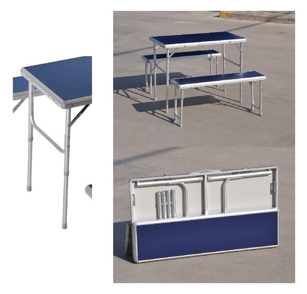 Set Birreria da Giardino Pieghevole Tavolo 90x50x70 cm 2 Panche in Alluminio Blu