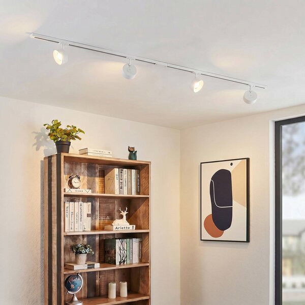 Sistema di binari Lindby Linaro, Ø 9,5 cm, a 4 luci, LED, bianco Linaro, Bianco / Opale, Studio / Ufficio, Alluminio, Moderno