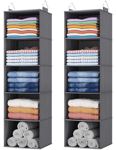 Organizzatore appendibile per armadio - 5 scomparti - 28 x 28 x 20 cm - Pieghevole - Grigio - Set da 2