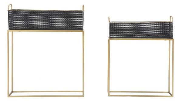 Porta Vasi Fashion Rettangolare Coppia 60x23x73,5-51x20x64 cm in Ferro Nero e Oro