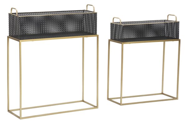 Porta Vasi Fashion Rettangolare Coppia 60x23x73,5-51x20x64 cm in Ferro Nero e Oro