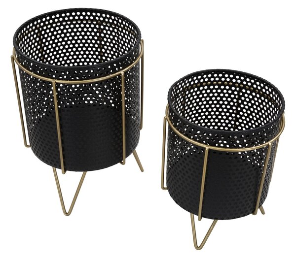 Porta Vasi Fashion Coppia Ø19,5x28-17x23 cm in Ferro Nero e Oro