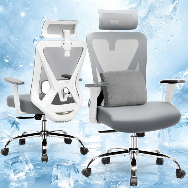 Sedia da ufficio ergonomica con poggiatesta 3D, regolabile, colore grigio