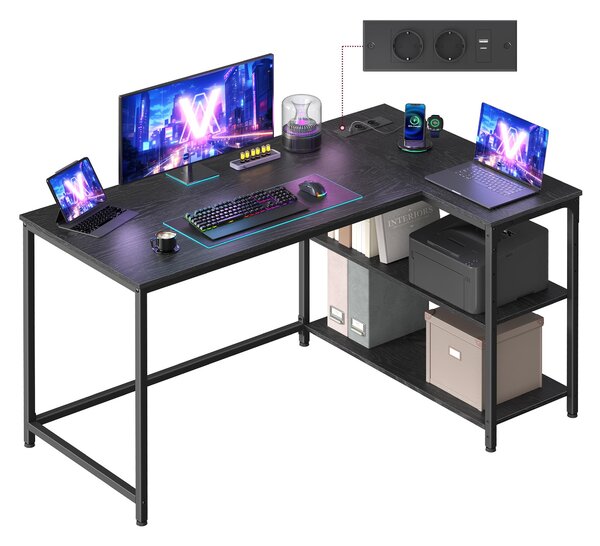 VASAGLE Scrivania con spazio di archiviazione, scrivania per computer a forma di L, ripiano regolabile in altezza, ufficio, con stazione di ricarica, 120 x 80 cm, nero