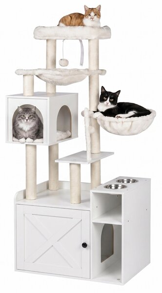 Relaxdays, tiragraffi per gatti con armadietto per la lettiera e dispenser per cibo, dimensioni 144x71x45,5 cm, pali in sisal e cuccia, aspetto legno, bianco