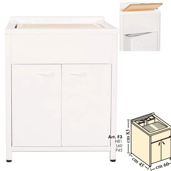 Lavatoio piccolo con mobile in alluminio per esterno Dotato di Vasca e Tavoletta Lavapanni Dimensioni 60x45xh 83 cm con tubo rubinetto, flessibile e Gomito colore bianco RAL 9010