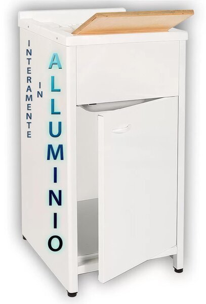 Lavatoio piccolo con mobile in alluminio per esterno Dotato di Vasca e Tavoletta Lavapanni Dimensioni 45x50xh 83 cm con tubo rubinetto, flessibile e Gomito colore bianco RAL 9010