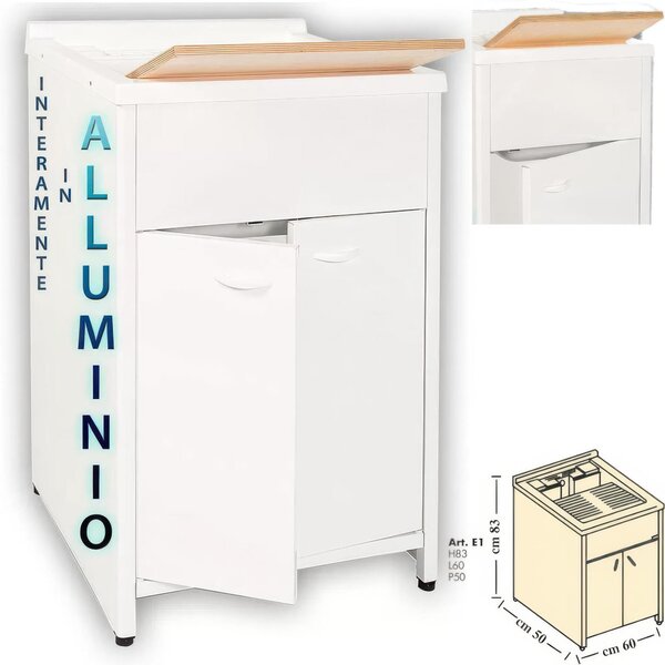 Lavatoio Medio con mobile in alluminio per esterno Dotato di Vasca e Tavoletta Lavapanni Dimensioni 50x60xh 83 cm con tubo rubinetto, flessibile e Gomito colore bianco RAL 9010