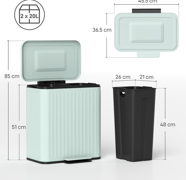 HOMCOM Pattumiera da cucina, 2 x 20 L scomparti, separazione rifiuti efficiente, pedale, Plastica, Metallo, Verde | Aosom Italy