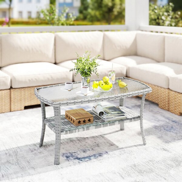 Outsunny Tavolino da Giardino Esterno Rettangolare in Rattan con Ripiano Piano in Vetro Temperato a Onde 90x50x45 cm Grigio Scuro | Aosom Italy