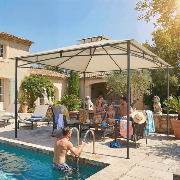 Outsunny Gazebo 3x3m Idrorepellente Stabile Resistente all'inverno Gazebo da Giardino con Telaio Superiore Richiudibile Doppio Tetto Bianco crema | Aosom Italy