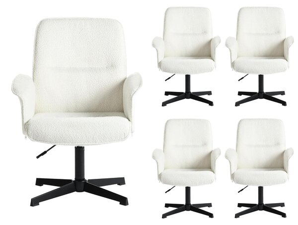 Set di 5 sedie da ufficio, girevoli, regolabili in altezza, rivestite in tessuto bouclé, colore bianco