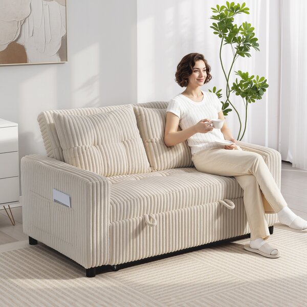 HOMCOM Divano letto 2 posti, rivestimento in velluto a coste, trasformabile in letto, 2 cuscini, tasche laterali, 157 x 190 cm, crema | Aosom Italy