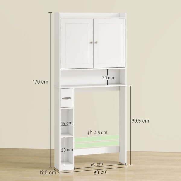 HOMCOM Mobile WC da posizionare sopra il WC o la lavatrice, 2 ante, 3 scomparti, portarotolo, 80x19,5x170cm, bianco | Aosom Italy