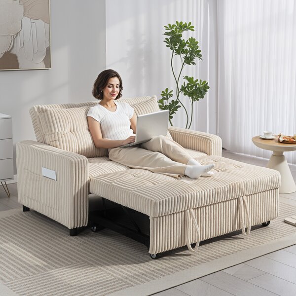 HOMCOM Divano letto 2 posti, rivestimento in velluto a coste, trasformabile in letto, 2 cuscini, tasche laterali, 157 x 190 cm, crema | Aosom Italy
