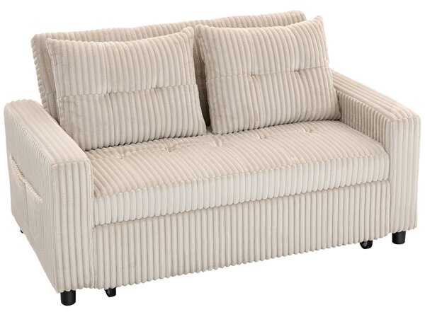 HOMCOM Divano letto 2 posti, rivestimento in velluto a coste, trasformabile in letto, 2 cuscini, tasche laterali, 157 x 190 cm, crema | Aosom Italy