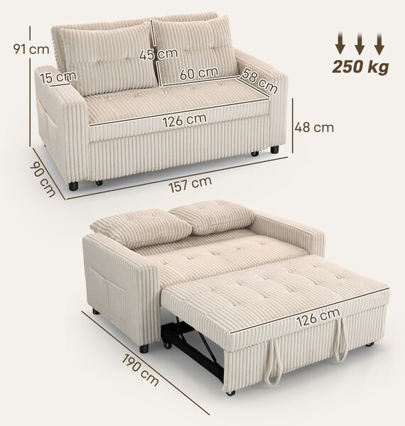 HOMCOM Divano letto 2 posti, rivestimento in velluto a coste, trasformabile in letto, 2 cuscini, tasche laterali, 157 x 190 cm, crema | Aosom Italy