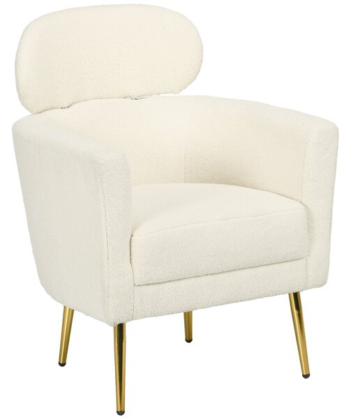 HOMCOM Poltrona da salotto con poggiatesta rimovibile, poltrona crapaud in peluche teddy, piedi in metallo, 71 x 65 x 90 cm, crema | Aosom Italy