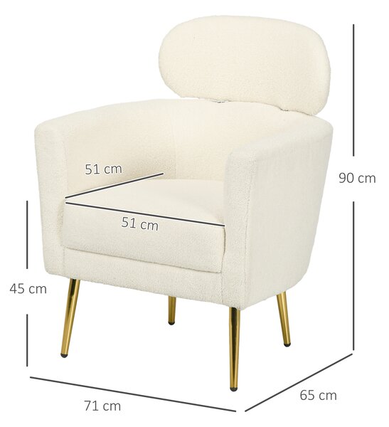 HOMCOM Poltrona da salotto con poggiatesta rimovibile, poltrona crapaud in peluche teddy, piedi in metallo, 71 x 65 x 90 cm, crema | Aosom Italy