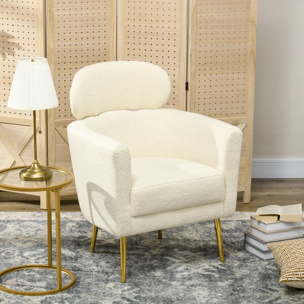 HOMCOM Poltrona da salotto con poggiatesta rimovibile, poltrona crapaud in peluche teddy, piedi in metallo, 71 x 65 x 90 cm, crema | Aosom Italy