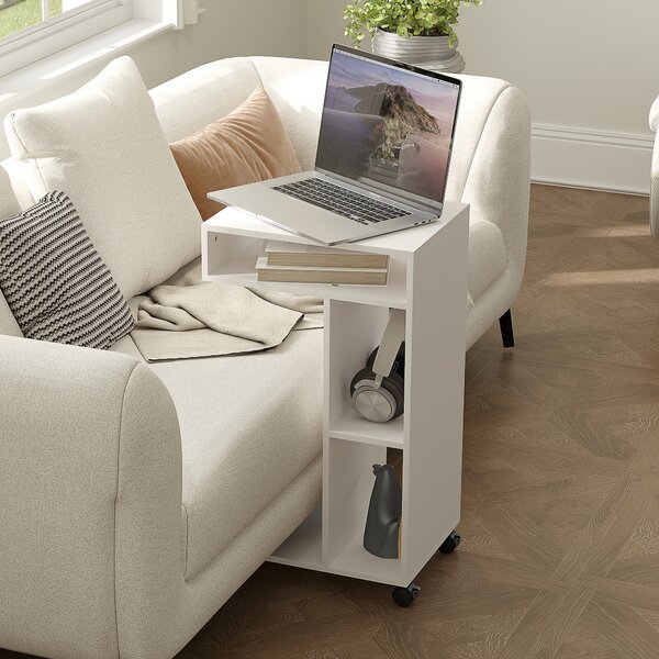 HOMCOM Tavolino a forma di C con ruote, con 3 scomparti e 1 mensola aperta, 40 x 30 x 69 cm, bianco | Aosom Italy