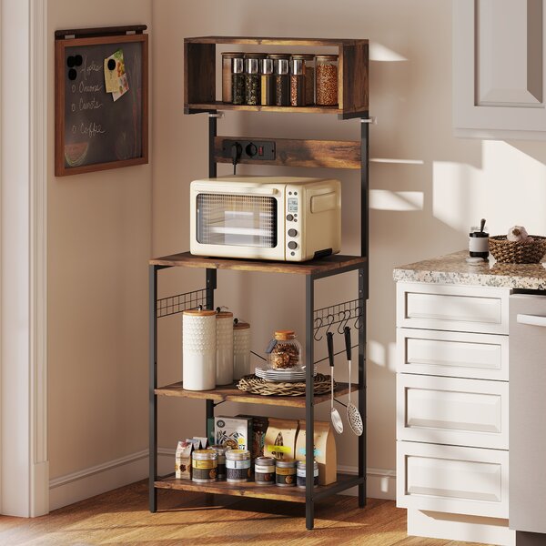 HOMCOM Scaffale da cucina, scaffale a colonna con 5 ganci a S, 5 ripiani, presa elettrica, in acciaio, Marrone rustico, 60 x 42 x 153 cm | Aosom Italy