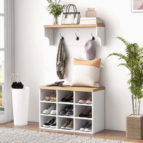 HOMCOM Set mobile per ingresso 2-in-1 appendiabiti da parete panca portascarpe 3 ganci e 9 nicchie 75x30x50cm bianco e rovere | Aosom Italy