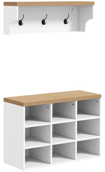 HOMCOM Set mobile per ingresso 2-in-1 appendiabiti da parete panca portascarpe 3 ganci e 9 nicchie 75x30x50cm bianco e rovere | Aosom Italy