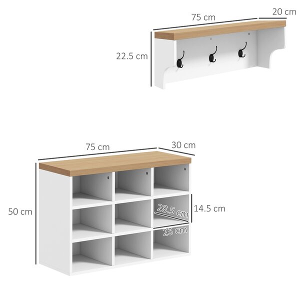 HOMCOM Set mobile per ingresso 2-in-1 appendiabiti da parete panca portascarpe 3 ganci e 9 nicchie 75x30x50cm bianco e rovere | Aosom Italy