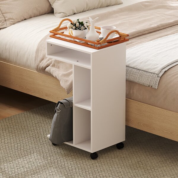 HOMCOM Tavolino a forma di C con ruote, con 3 scomparti e 1 mensola aperta, 40 x 30 x 69 cm, bianco | Aosom Italy