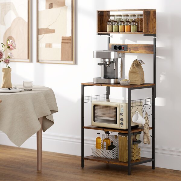 HOMCOM Scaffale da cucina, scaffale a colonna con 5 ganci a S, 5 ripiani, presa elettrica, in acciaio, Marrone rustico, 60 x 42 x 153 cm | Aosom Italy