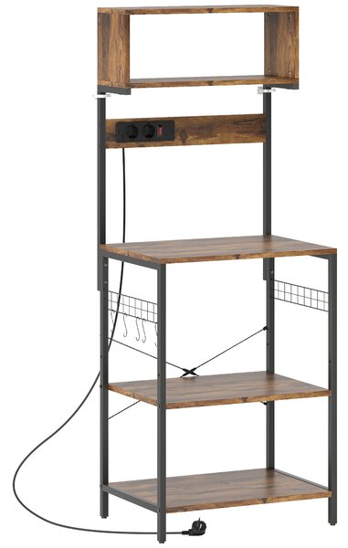 HOMCOM Scaffale da cucina, scaffale a colonna con 5 ganci a S, 5 ripiani, presa elettrica, in acciaio, Marrone rustico, 60 x 42 x 153 cm | Aosom Italy