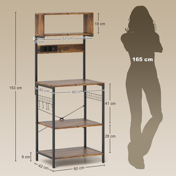 HOMCOM Scaffale da cucina, scaffale a colonna con 5 ganci a S, 5 ripiani, presa elettrica, in acciaio, Marrone rustico, 60 x 42 x 153 cm | Aosom Italy