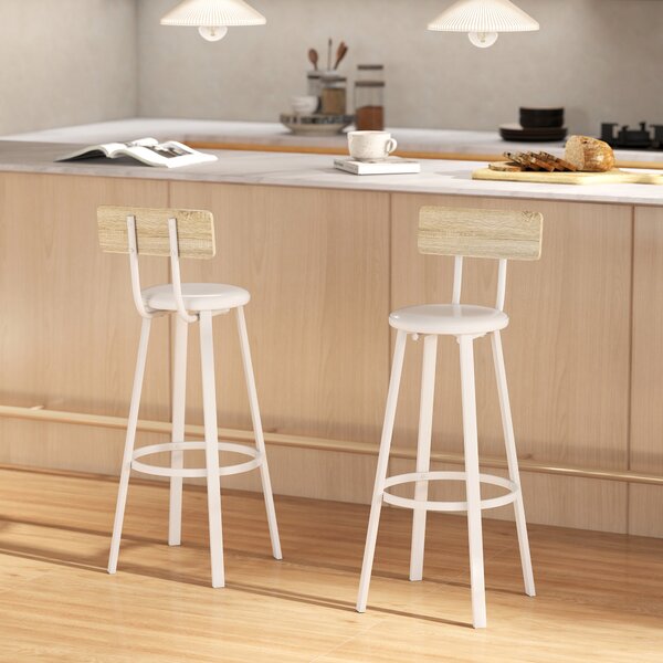 HOMCOM Set di 2 Sgabelli Alti da Cucina con Schienale e Poggia piedi Rivestiti in PU Seduta 75,5 cm Natural e Bianco | Aosom Italy