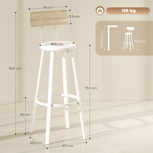 HOMCOM Set di 2 Sgabelli Alti da Cucina con Schienale e Poggia piedi Rivestiti in PU Seduta 75,5 cm Natural e Bianco | Aosom Italy
