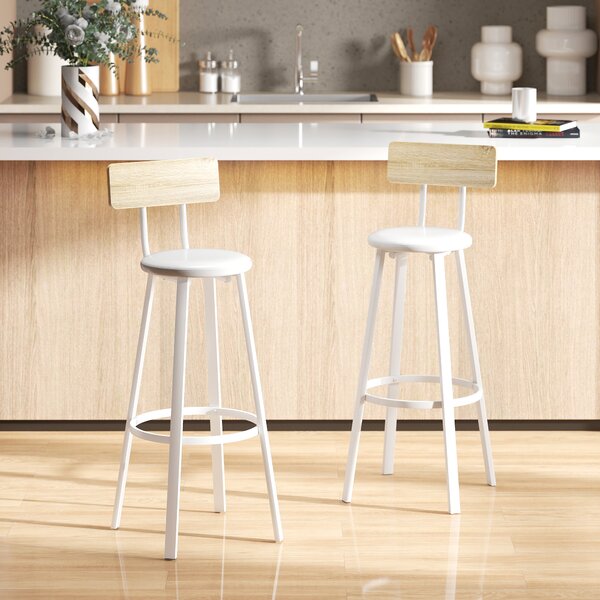 HOMCOM Set di 2 Sgabelli Alti da Cucina con Schienale e Poggia piedi Rivestiti in PU Seduta 75,5 cm Natural e Bianco | Aosom Italy