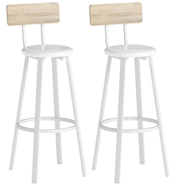 HOMCOM Set di 2 Sgabelli Alti da Cucina con Schienale e Poggia piedi Rivestiti in PU Seduta 75,5 cm Natural e Bianco | Aosom Italy