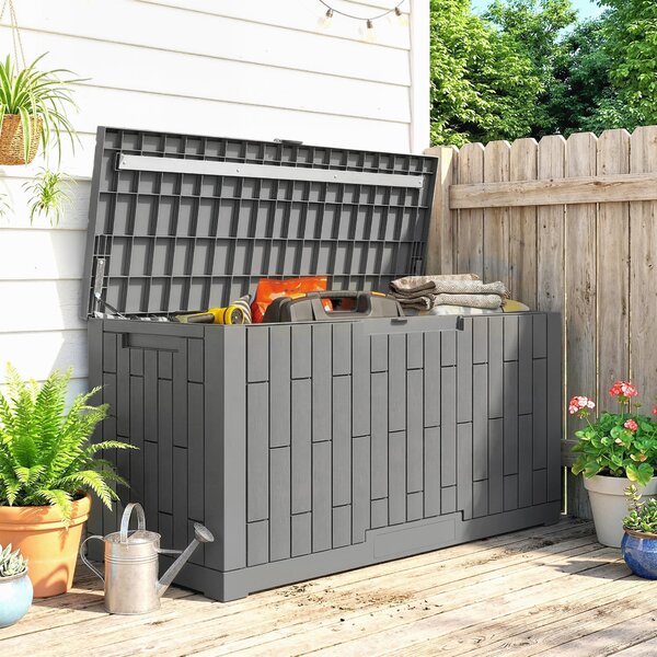 Outsunny Cassapanca 379 L impermeabile richiudibile resistente ai raggi UV effetto legno per giardino 122,5x56x62cm Grigio | Aosom Italy